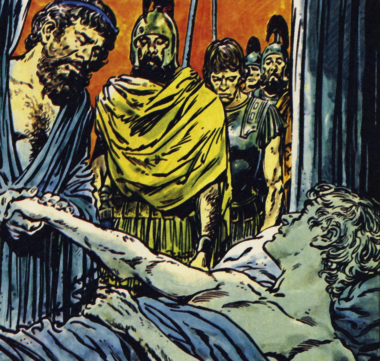 Aleksanteri kuoli kuumeeseen vuonna 323, 32-vuotiaana (värilitografia). tekijältä Jesus Blasco