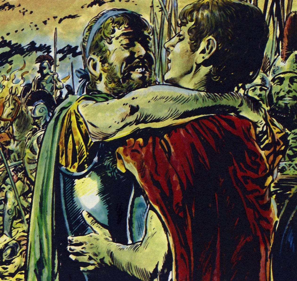Aleksanteri liittyi isänsä seuraan taistelussa kreikkalaisia vastaan (värilitografia). tekijältä Jesus Blasco