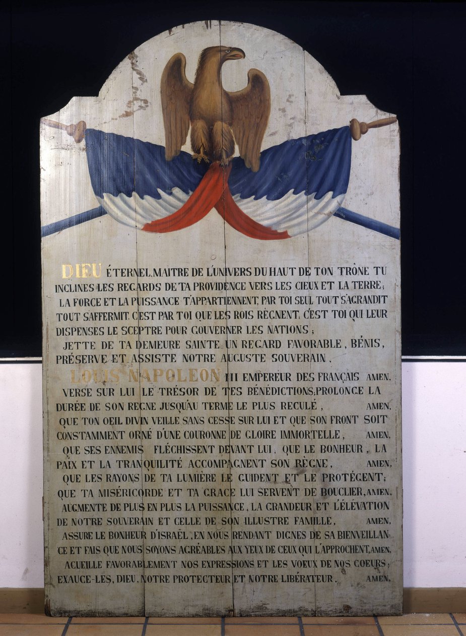 Kirjoitus puuhun: Juutalainen rukous ranskaksi keisari Napoleon III:n puolesta. 1800-luvun Alsace tekijältä Jewish School