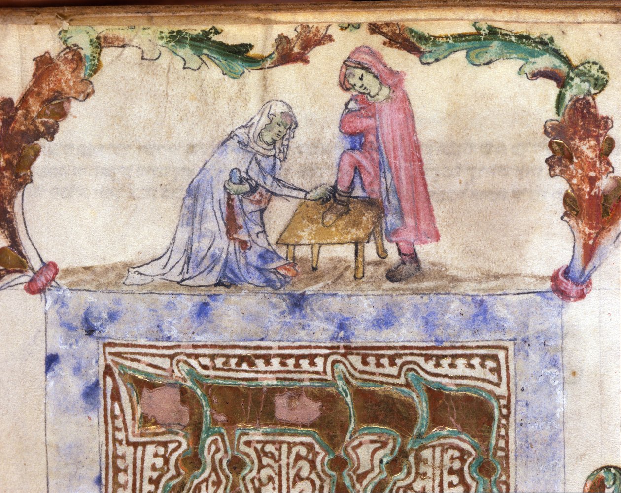 Juutalaisuus: Heprealainen riitti matkustajan jalkojen pesusta (pesusta). Miniatyyri 1300-luvun heprealaisesta käsikirjoituksesta. Biblioteca Palatina, Parma tekijältä Jewish School