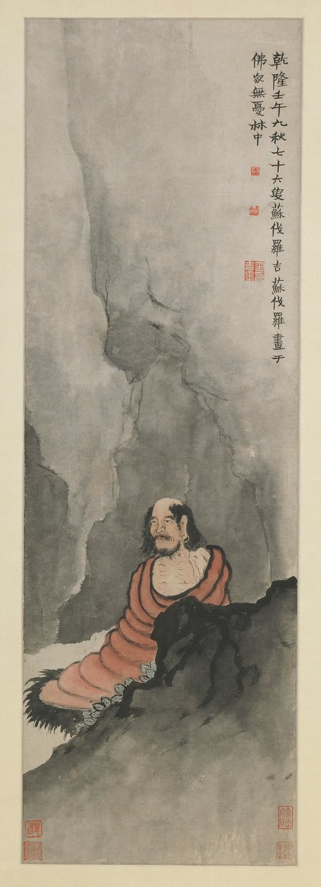 Bodhidharma Meditating, Qing-dynastia, 1762 (mustetta ja värejä paperilla) tekijältä Jin Nong