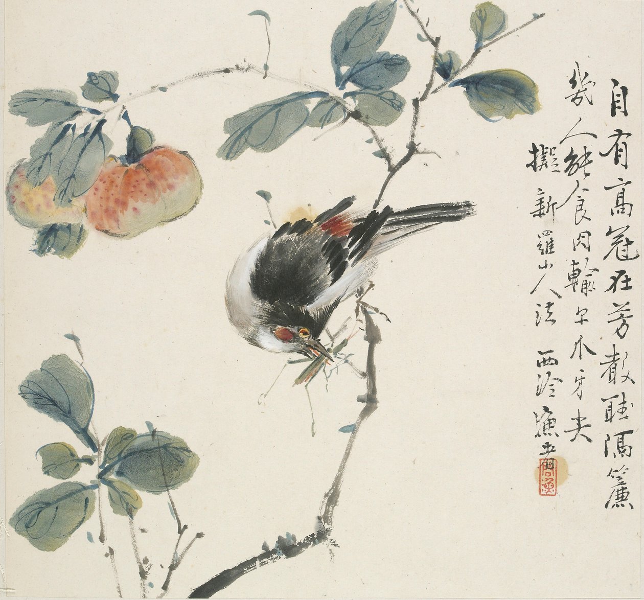 Kiinalainen Hwamei syö heinäsirkkaa, 1857 tekijältä Jin Yuan