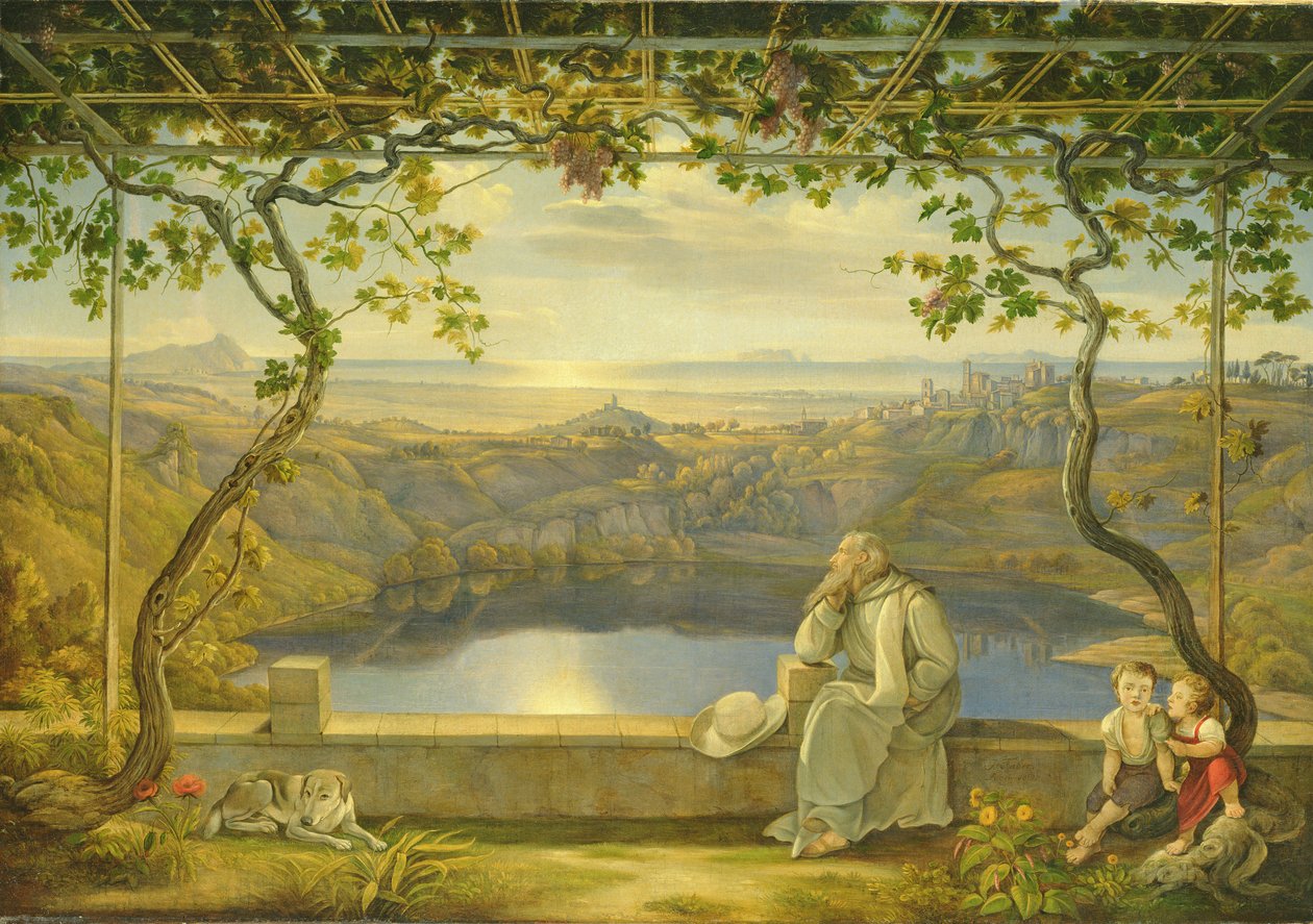 Munkki terassilla Nemi-järvellä, 1818 tekijältä Joachim Faber