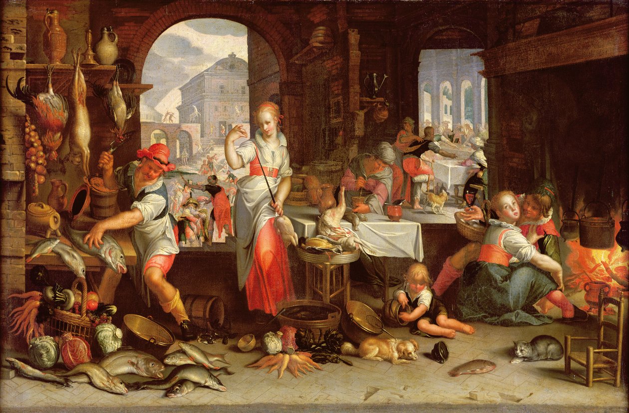 Keittiökohtaus ja vertaus juhlasta tekijältä Joachim Wtewael or Utewael