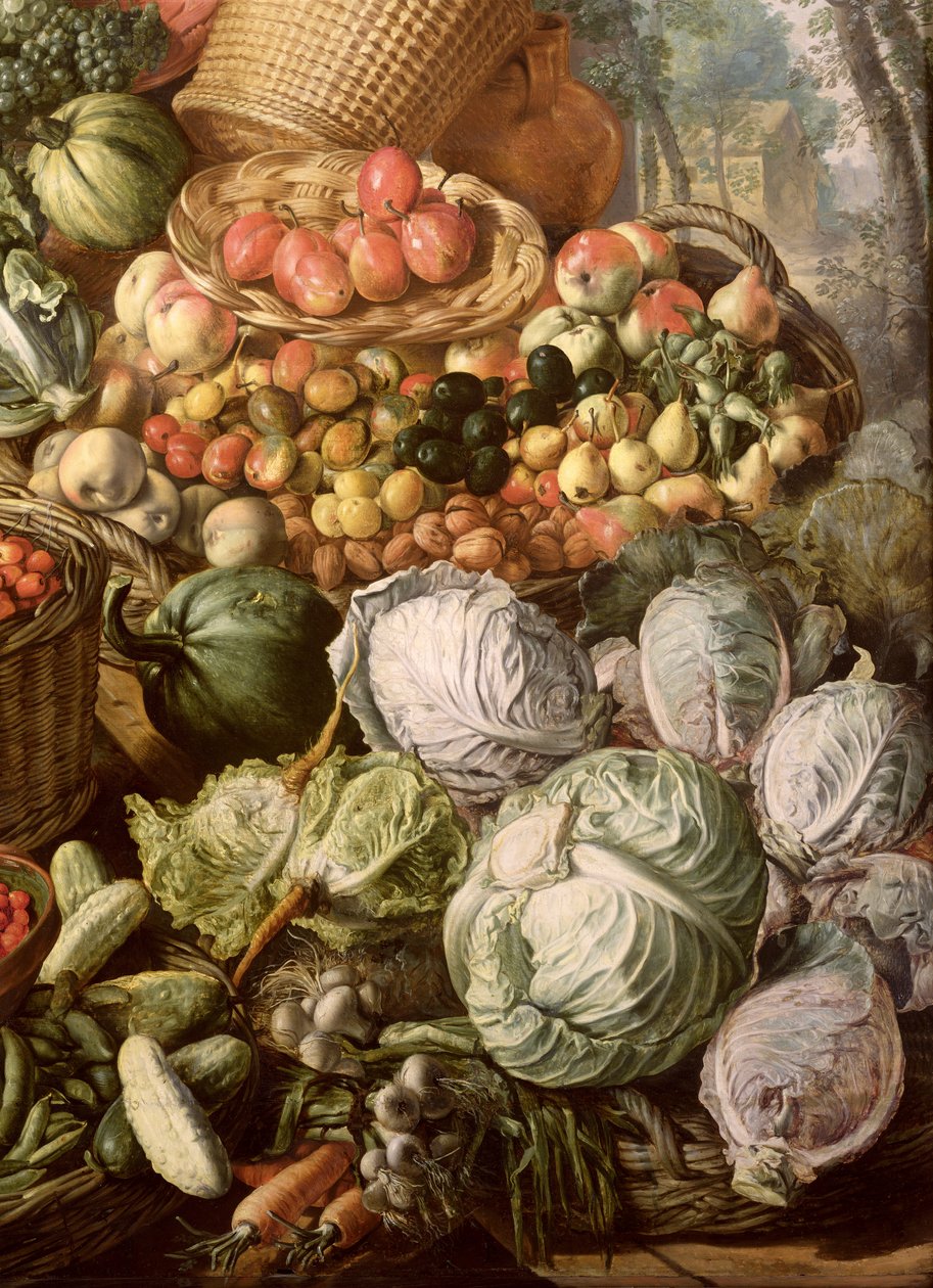 Yksityiskohta asetelmasta hedelmien, vihannesten ja markkinanaisen kanssa, 1564 (öljyllä (katso 247452 ja 247450) tekijältä Joachim Beuckelaer