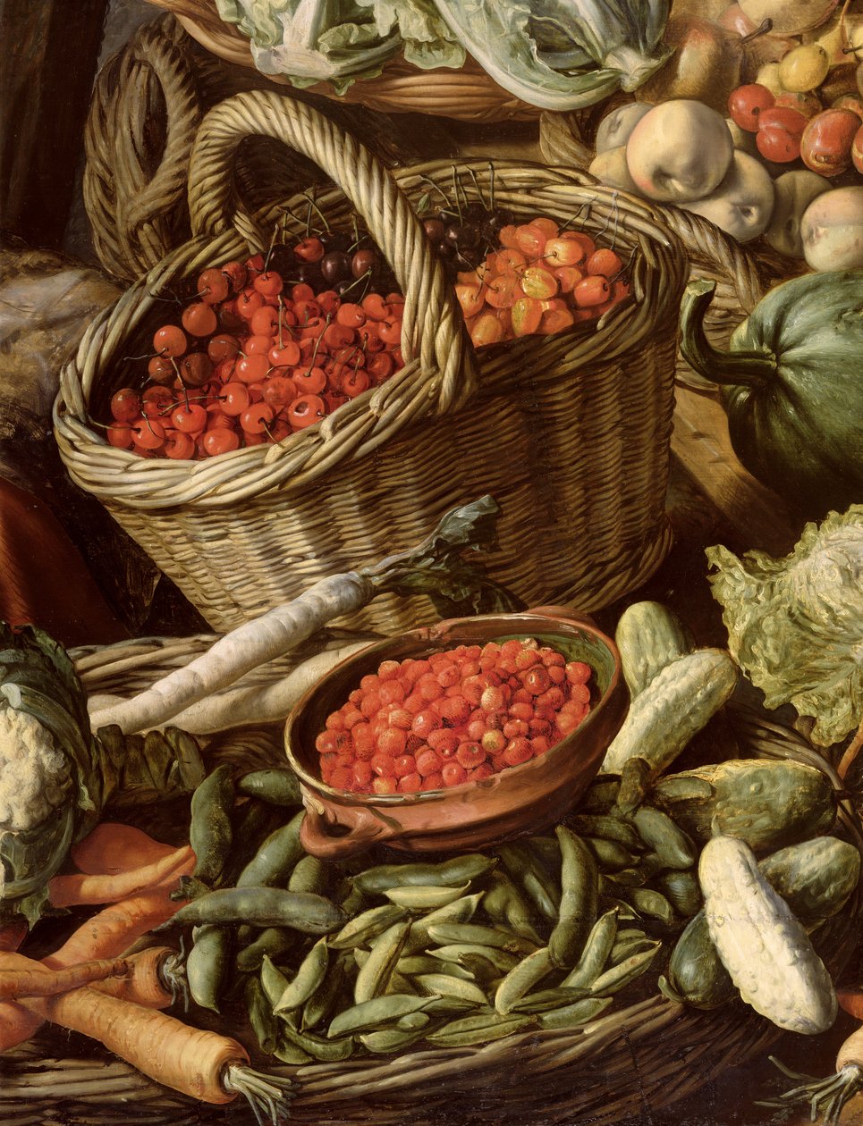 Yksityiskohta asetelmasta hedelmien, vihannesten ja markkinanaisen kanssa, 1564 (katso 247452 ja 247451) tekijältä Joachim Beuckelaer