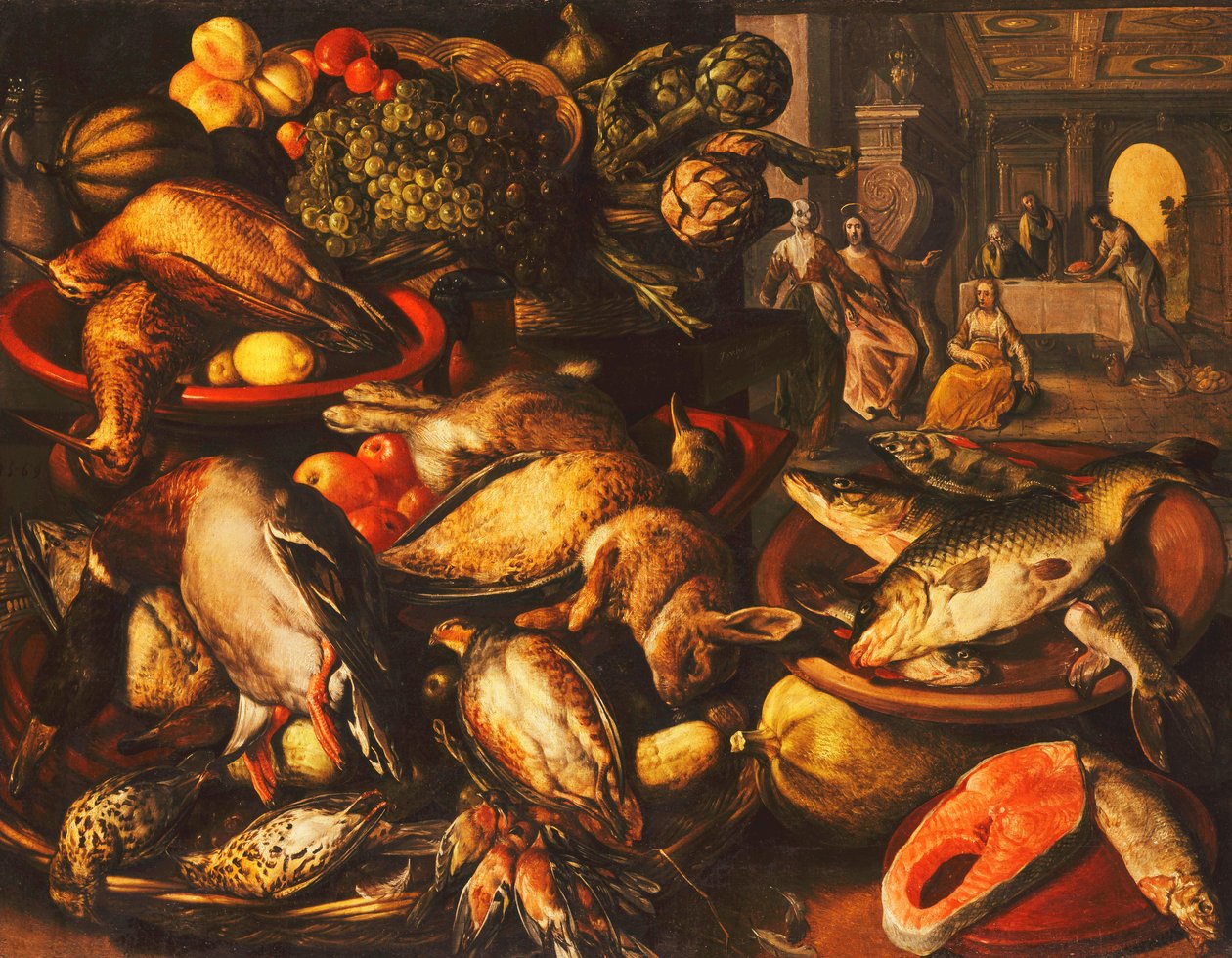 Riistaa, kalaa, hedelmiä ja vihanneksia koreissa ja kulhoissa ruokakomerossa, 1569 tekijältä Joachim Beuckelaer