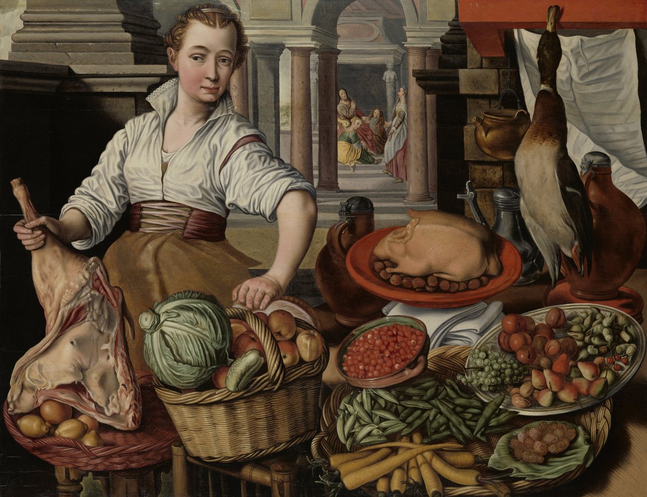 Keittiökohtaus, taustalla Jeesus Martan ja Marian talossa, 1569 tekijältä Joachim Beuckelaer