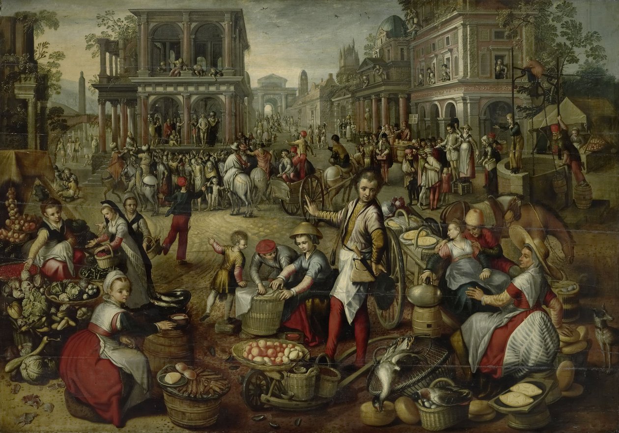 Kauppatori, taustalla liputus, Ecce Homo ja Ristin kantaminen, 1550-90. tekijältä Joachim Beuckelaer
