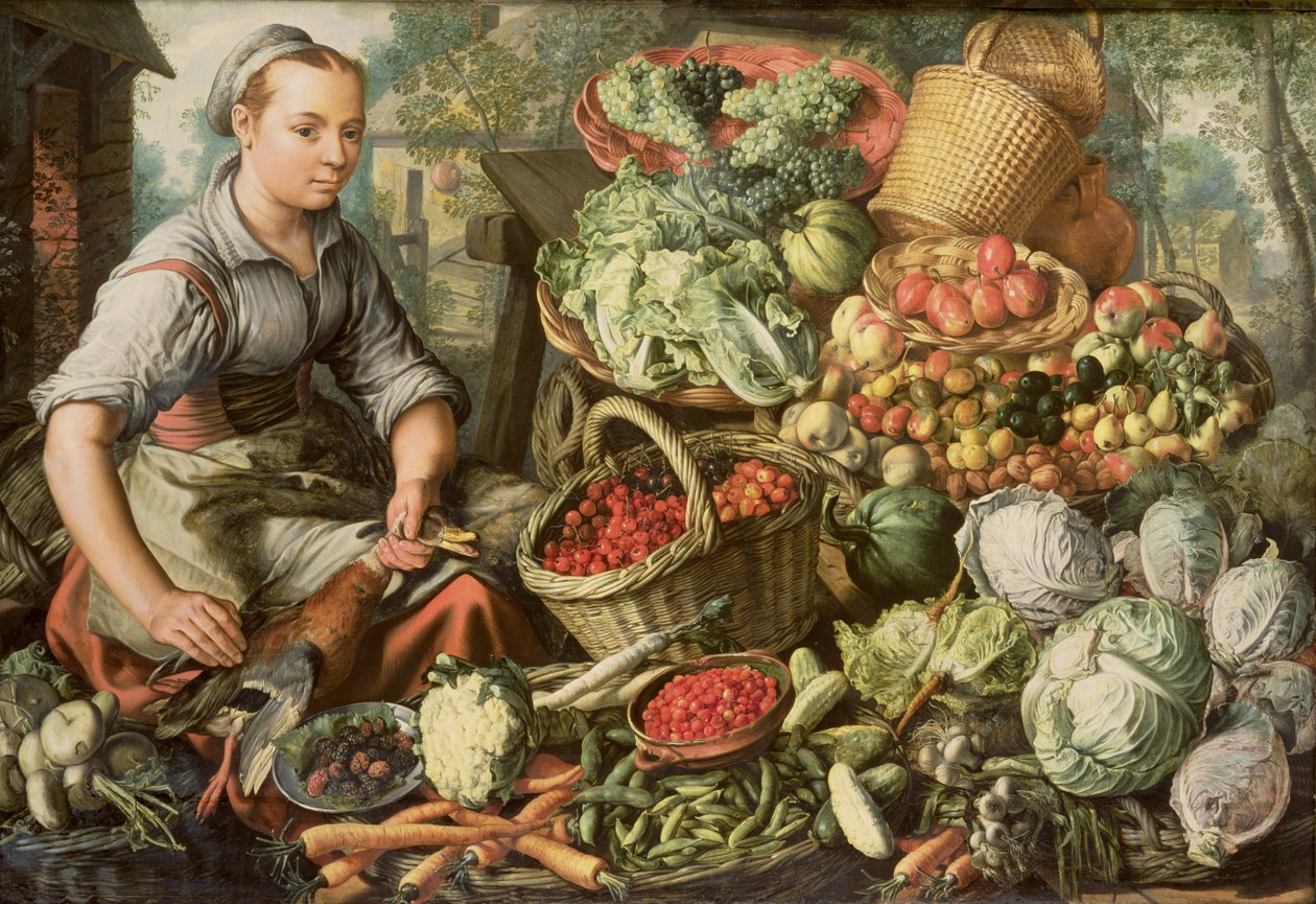 Asetelma hedelmien, vihannesten ja markkinanaisen kanssa, 1564 tekijältä Joachim Beuckelaer