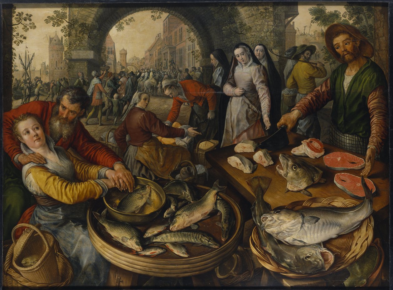 Kalatori, jossa on kohtaus elokuvasta Ecce Homo - Kalamarkkinat Ecce Homon kanssa, kirjoittanut Beuckelaer, Joachim (n. 1533-1574). öljy puulle tekijältä Joachim Beuckelaer