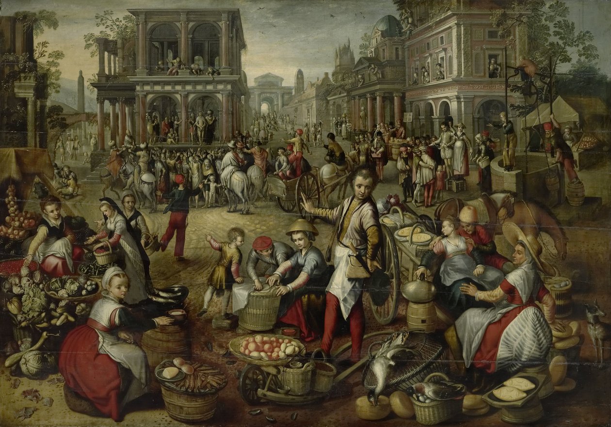 Markkinapaikka, taustalla liputus, Ecce Homo ja ristin kantaminen tekijältä Joachim Bueckelaer (copy after)
