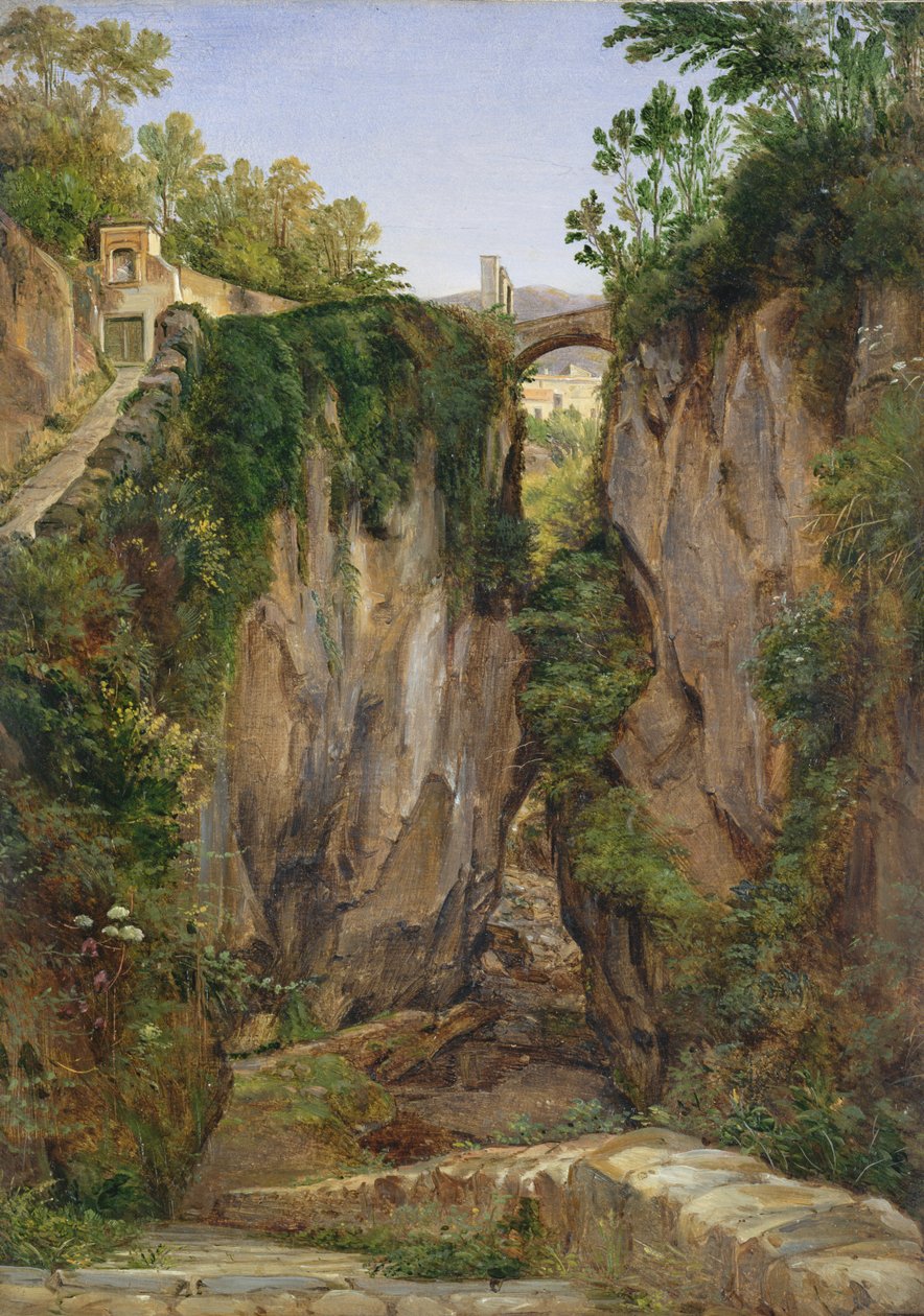 Kivinen laakso Sorrentossa, 1823 (öljy paperille kiinnitetty korttiin) tekijältä Joachim Faber