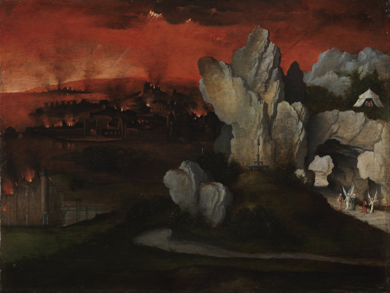 Maisema Sodoman ja Gomorran tuhosta, noin 1520 (öljy paneelille). tekijältä Joachim Patinir