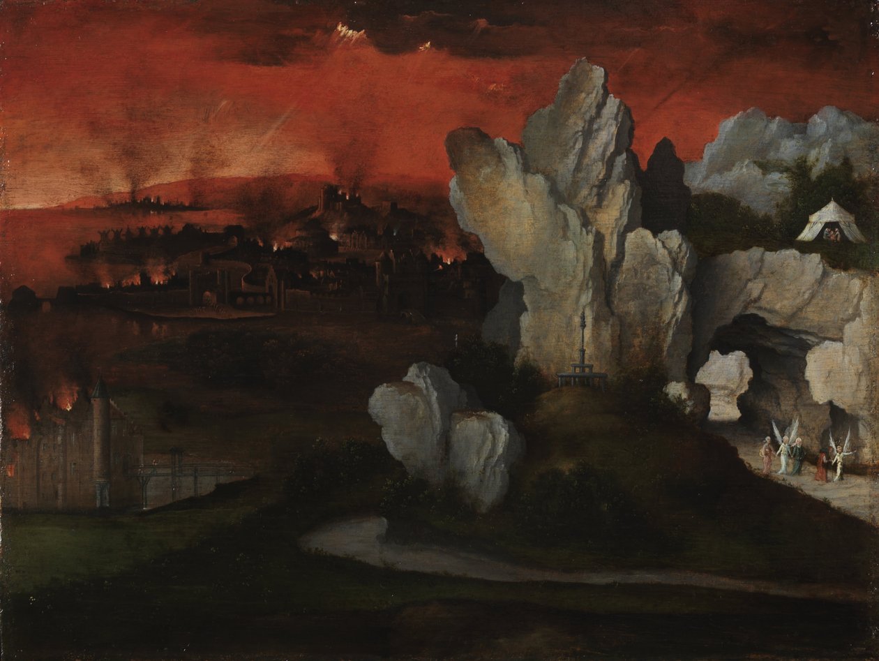 Maisema Sodoman ja Gomorran tuhosta, n. 1520 tekijältä Joachim Patinir