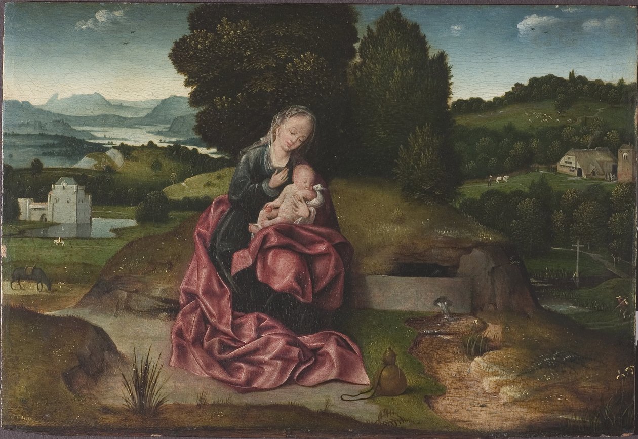 Le repos pendant la fuite en Egypte - Lepo lennossa Egyptiin, Patinier (Patenier, Patinir), Joachim (noin 1480-1524). Öljy puulle. Mitat: 21,5 x 31 cm. Tukholman kansallismuseo tekijältä Joachim Patinir