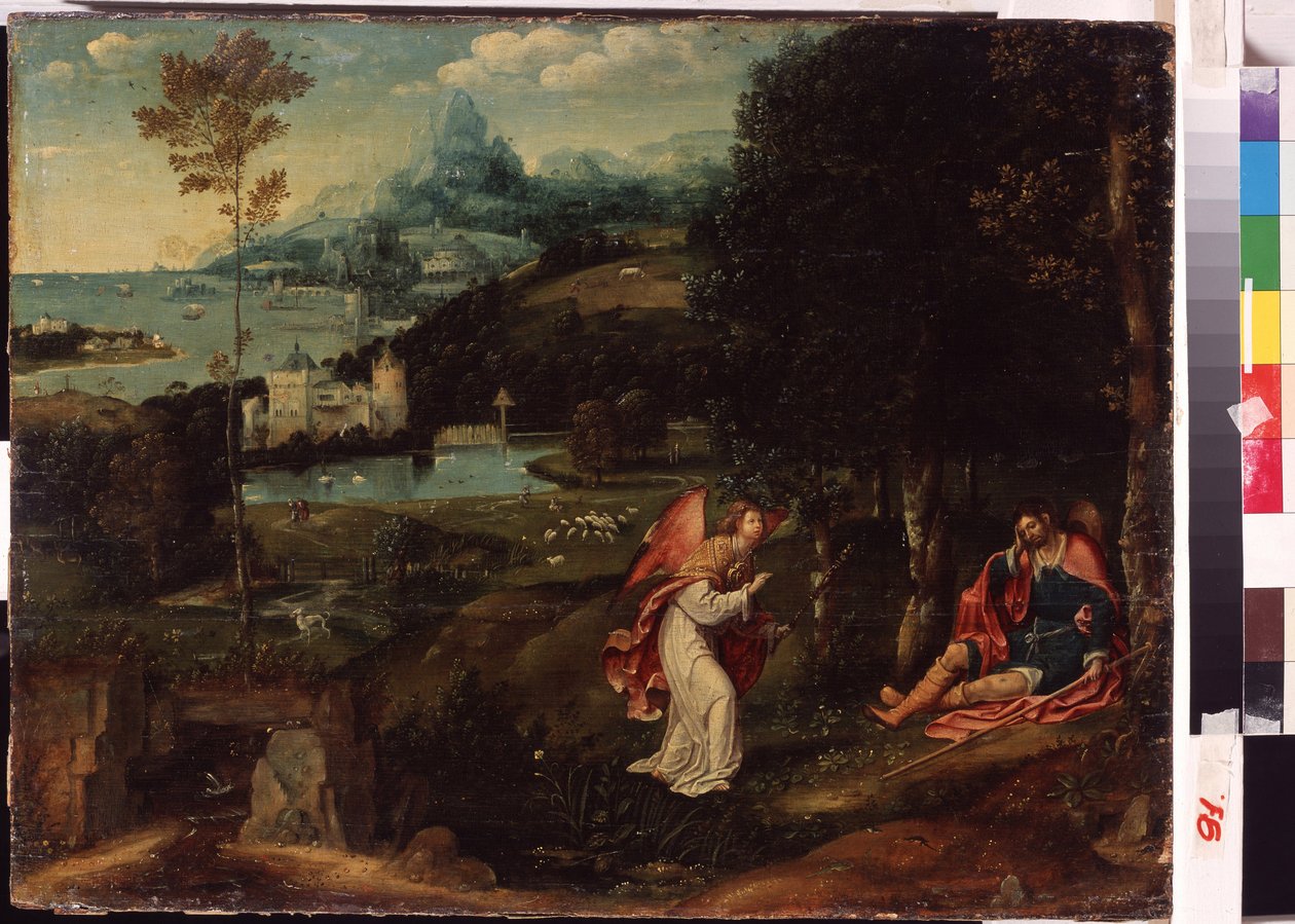 "Maisema, jossa on legenda Saint Rochista" (Maisema, jossa on legenda Saint Roch) Ruttoon sairastunut Saint Roch (1345-1376) ajettiin pois kaupungista. Joachim Patinirin (Patinier tai Patenier) maalaus (noin 1480-1524) Kharkov National Museum Ukraina tekijältä Joachim Patinir