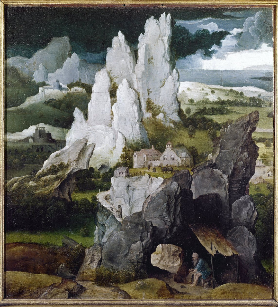 St Jerome kivisessä maisemassa (öljy puulle tekijältä Joachim Patinir
