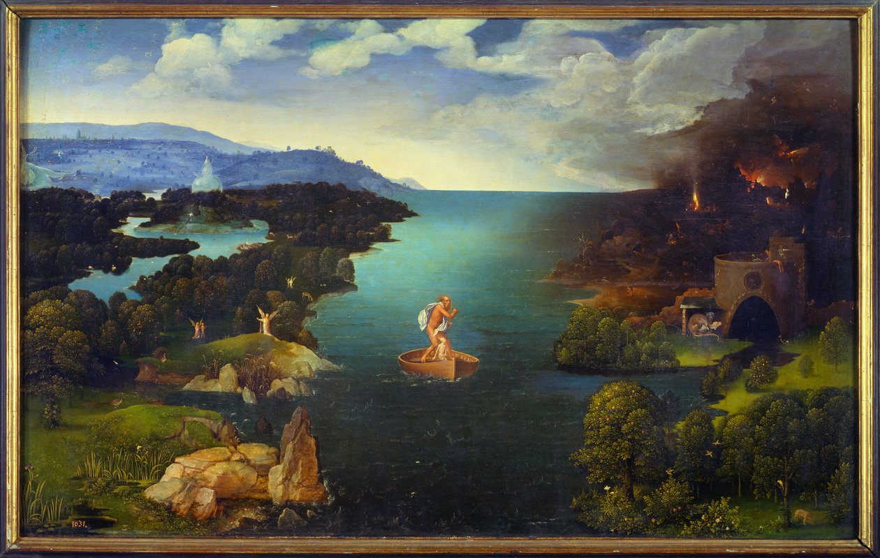 Styx Charonin (Caron) kulku hänen veneessään alamaailmassa. Joachim Patinirin (Skateer) (1485-1524) maalaus (ec.flam.) Sun 0,64x1,03 m Madrid, musee du prado tekijältä Joachim Patinir