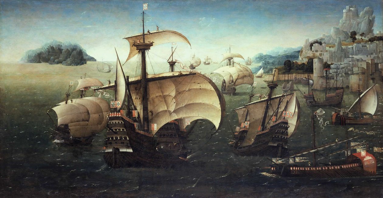 Portugalilaisia carrackeja kalliorannikon edustalla, n. 1540 tekijältä Joachim Patinir follower of
