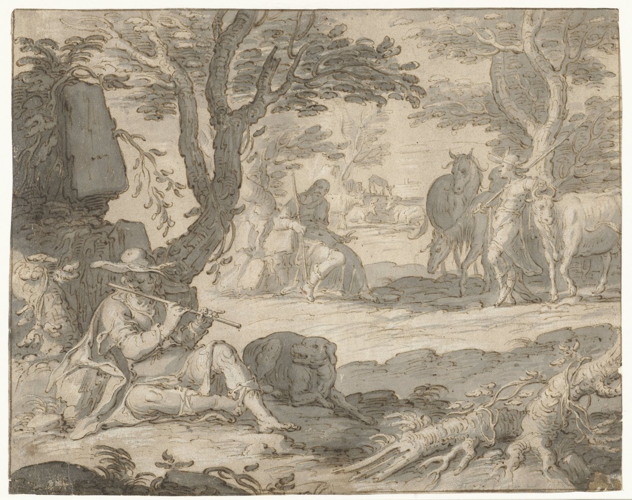 Apollo soittaa huilua hoitaessaan Admetuksen laumaa tekijältä Joachim Wtewael or Utewael