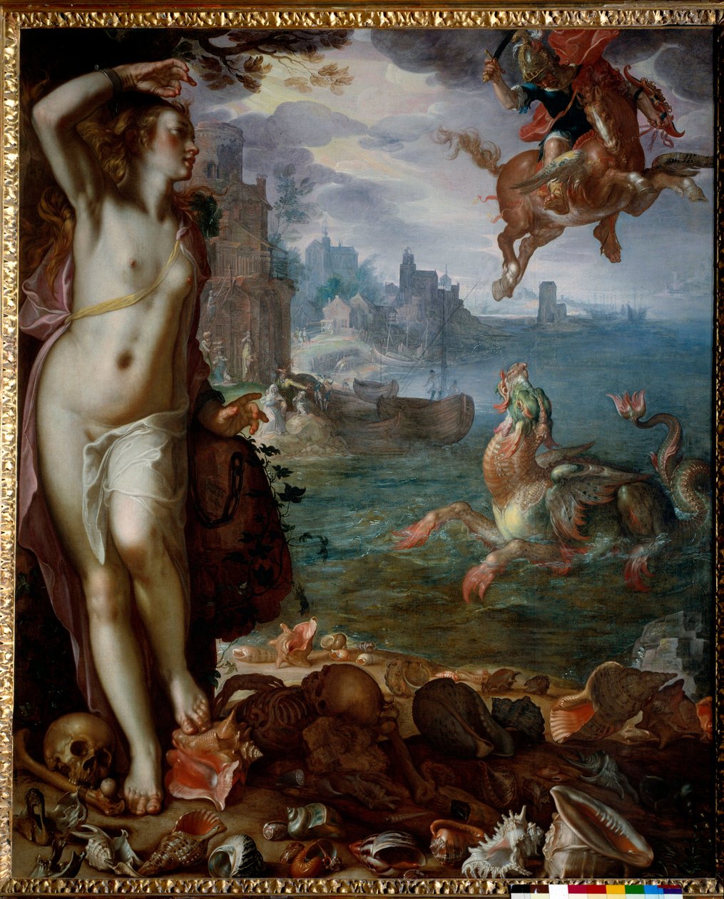 Perseus pelastaa Andromedan kiveen ketjutettuna Sankarit, kiipeävät Pegasen päälle, taistelevat merihirviötä vastaan. Joachim Wtewaelin (1566-1638) maalaus (Ec. Hol.) 1611 Su. 1,8x1,5 m tekijältä Joachim Wtewael or Utewael