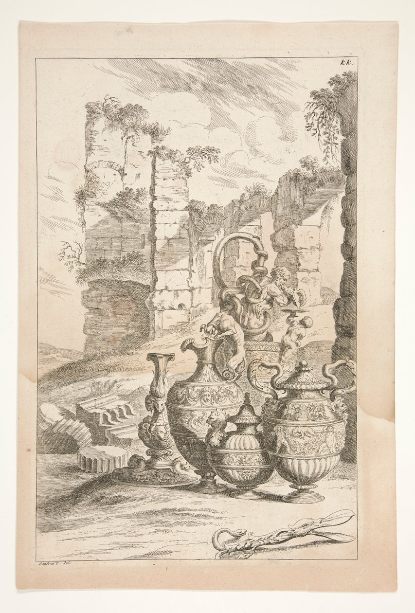 Un canelobre i aguxes ornamentals amb mànec en un paisatge amb ruïnes, de Sculpturae Veteris Admiratafinnish tekijältä Joachim von Sandrart
