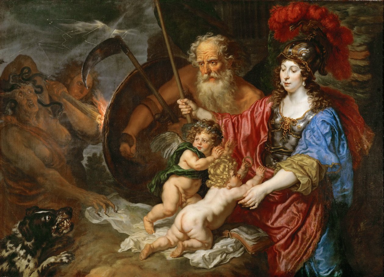 Barokki: Minerva ja Saturnus suojelevat taidetta ja tiedettä kateudelta ja valheelta - Minerva ja Saturnus suojelevat taidetta ja tiedettä kateudelta ja valheelta, Sandrart, Joachim, von (1606-1688) tekijältä Joachim von Sandrart