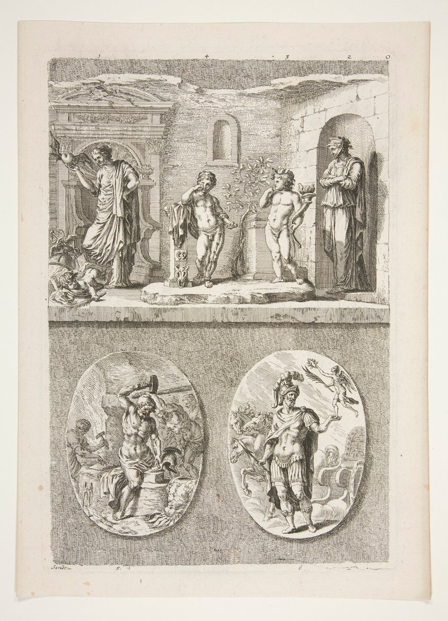 yläpuoli: Neljä antiikkipatsasta alaosa: Forge of Vulcan ja A Victorious Room General tekijältä Joachim von Sandrart