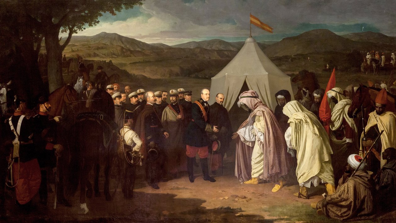 Afrikan sota - Ensimmäinen Marokon sota tai Tetouanin sota - Espanjan ja Marokon välillä - Wad-Rasin sopimus (Wad Rasin sopimus) 1859 - Joaquin Dominguez Becquerin maalaus - Ayuntamiento de Sevilla tekijältä Joachin Dominguez Becquer