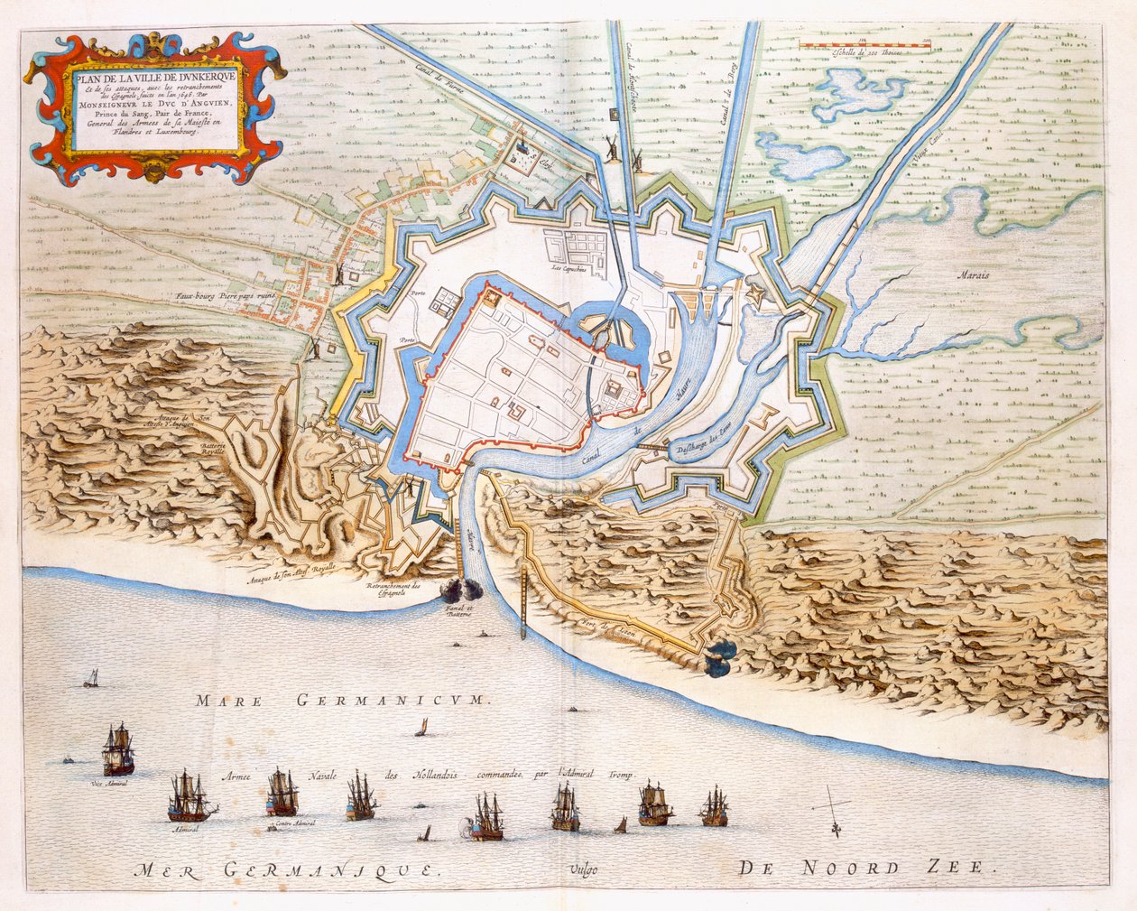 Dunkerquen kaupunki Espanjan herruuden aikana: suunnitelma rannikon puolustuksesta, linnasta ja linnakkeesta, 1649 (käsinvärinen kaiverrus) tekijältä Joan Blaeu
