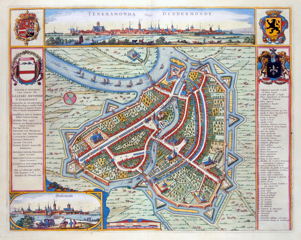 Dendermonde, 1649 (käsin väritetty kaiverrus). tekijältä Joan Blaeu
