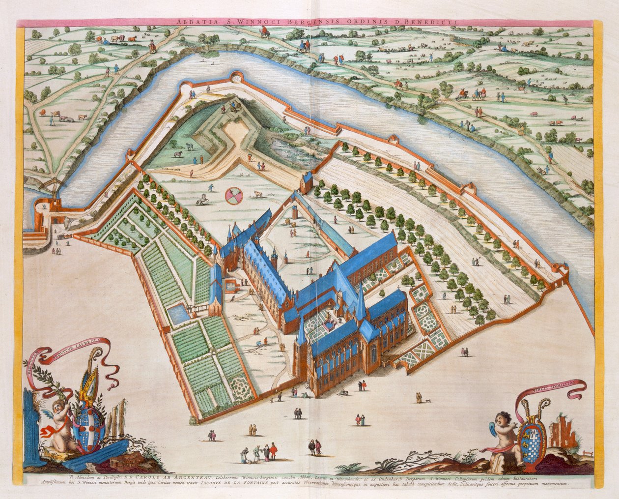 St Winnockin benediktiiniluostari, Bergen, Alankomaat, 1649 (käsinvärinen kaiverrus) tekijältä Joan Blaeu