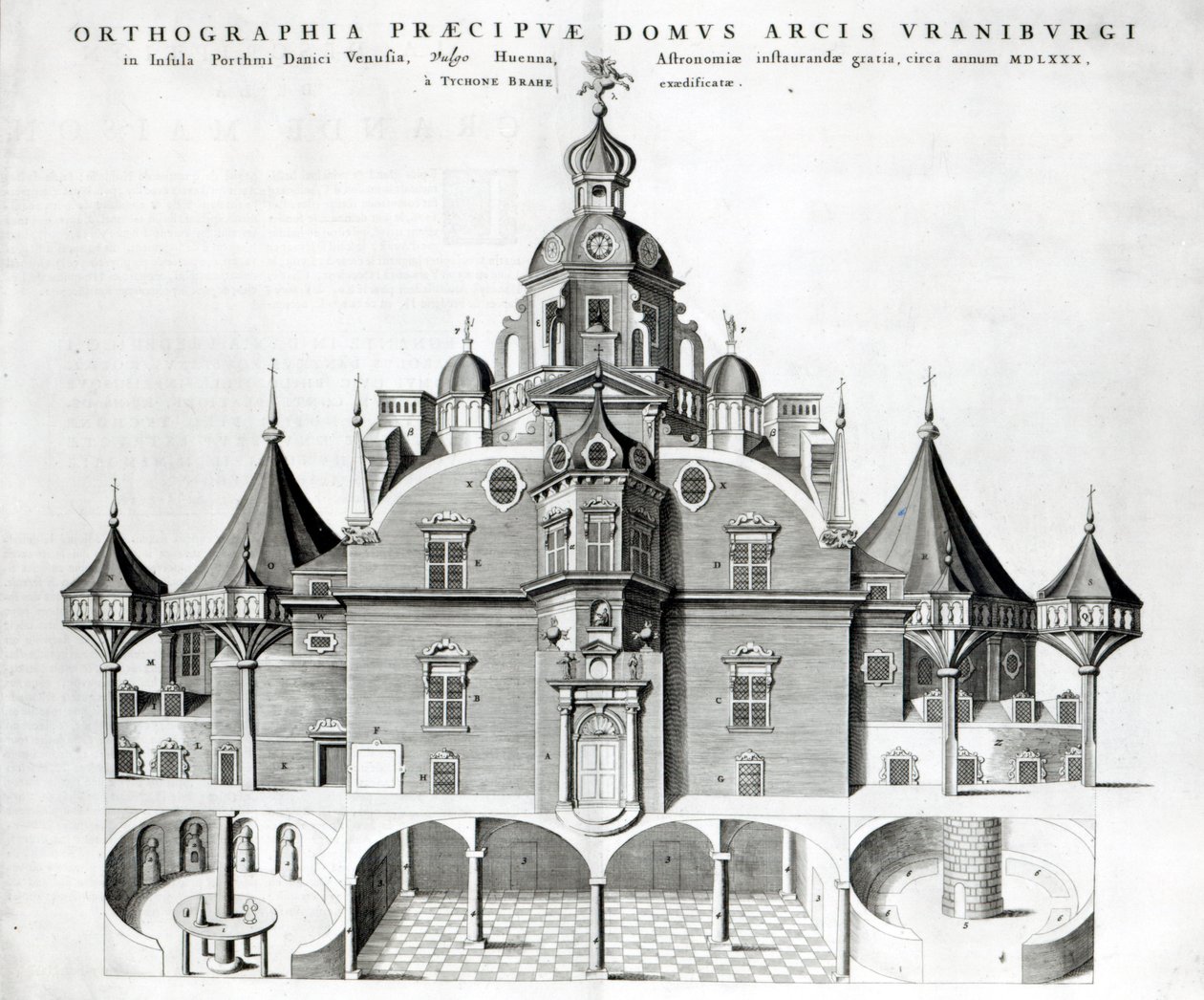 Tycho Brahen observatorio Uraniborg Joan Blaeun Atlas Major -teoksesta vuodelta 1663. tekijältä Joan Blaeu