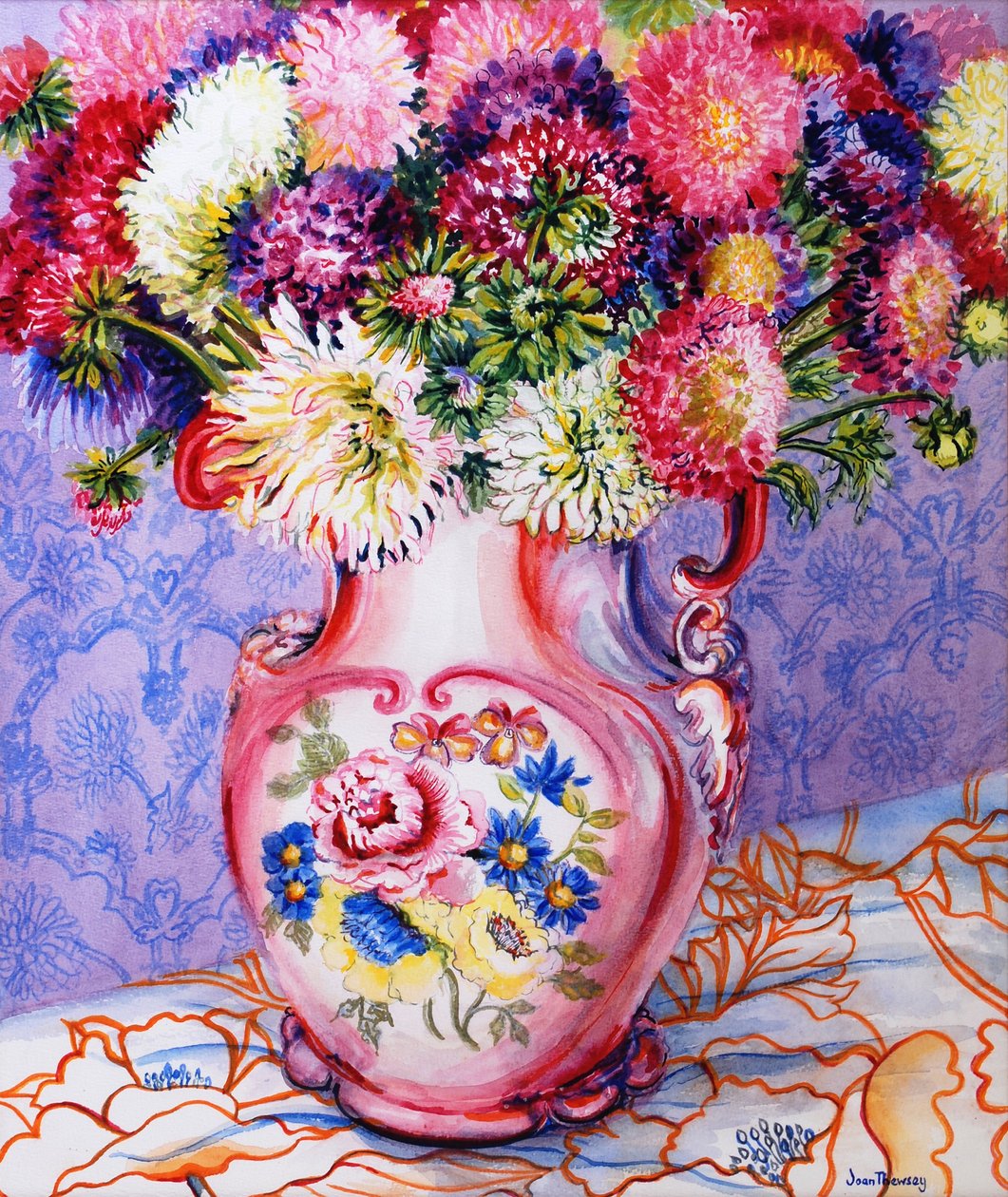 Asters in a Pink Floral Victorian Jug 2002 (wc paperilla) tekijältä Joan Thewsey