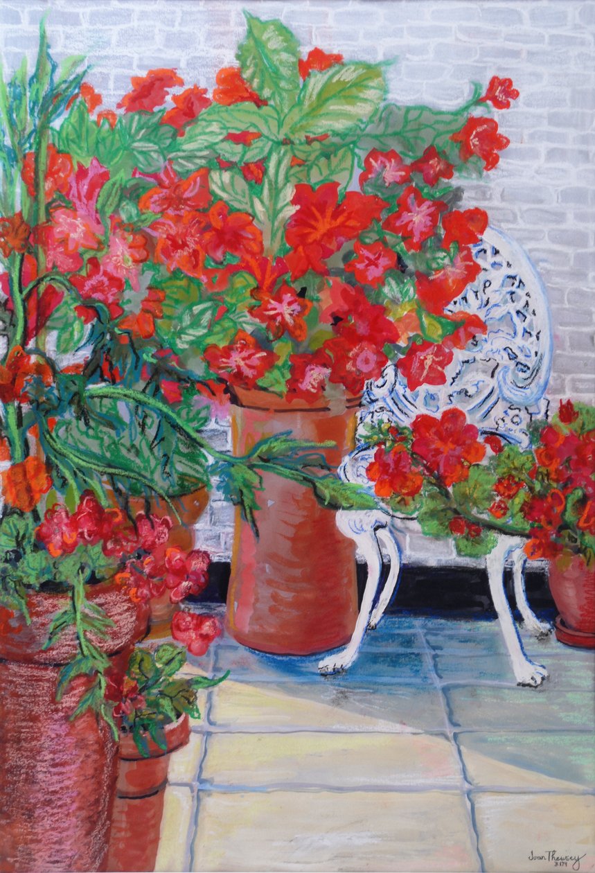 Geraniums and Petunias on the Terrace, 2011, (Guassi paperilla) tekijältä Joan Thewsey