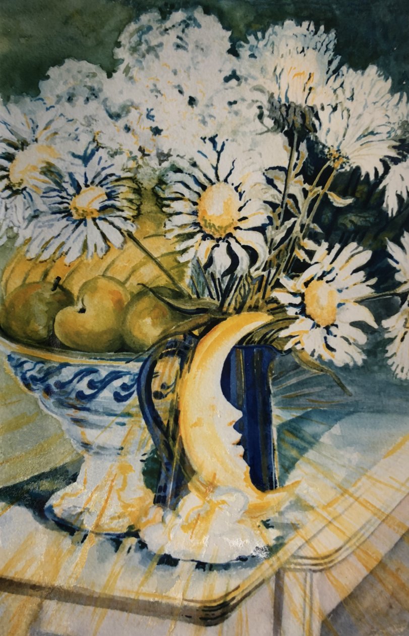 Marguerites sinisessä kannussa, jossa on kuulamppu, (guassi) tekijältä Joan Thewsey