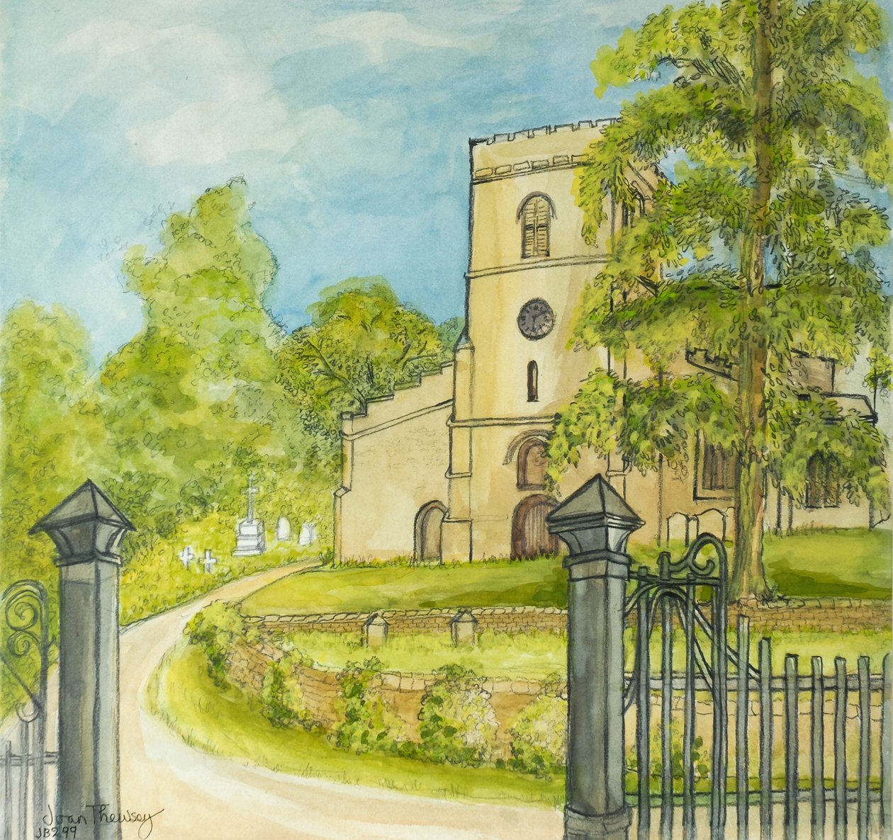 Moulton Church, 2010, lyijykynä vesivärillä tekijältä Joan Thewsey