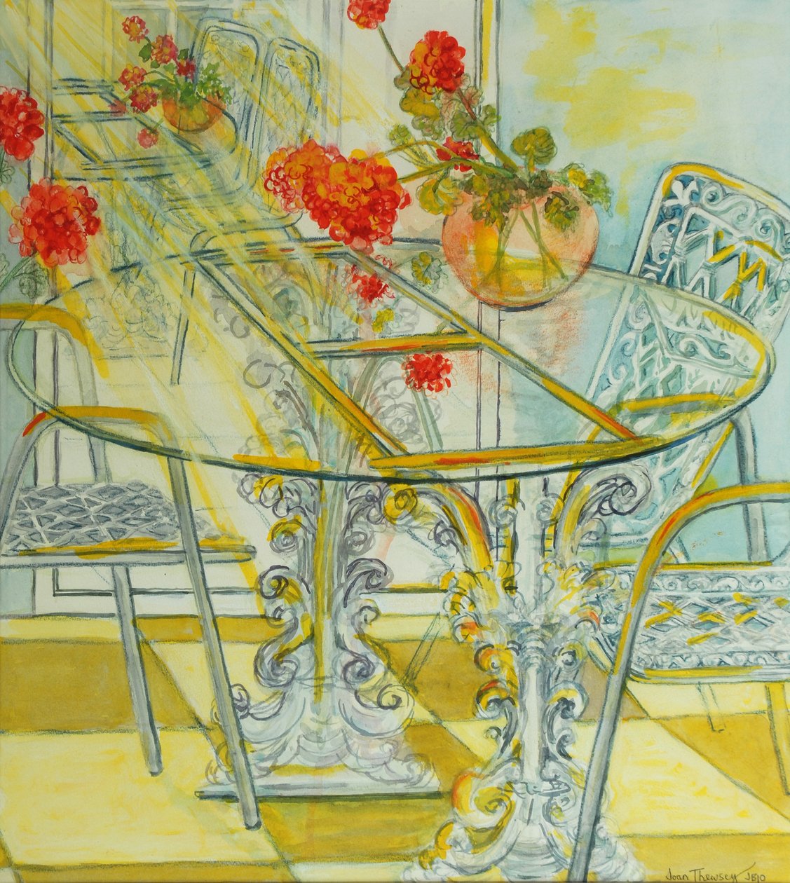 Patio Garden, Geraniums Reflected, 2010, akvarelli tekijältä Joan Thewsey