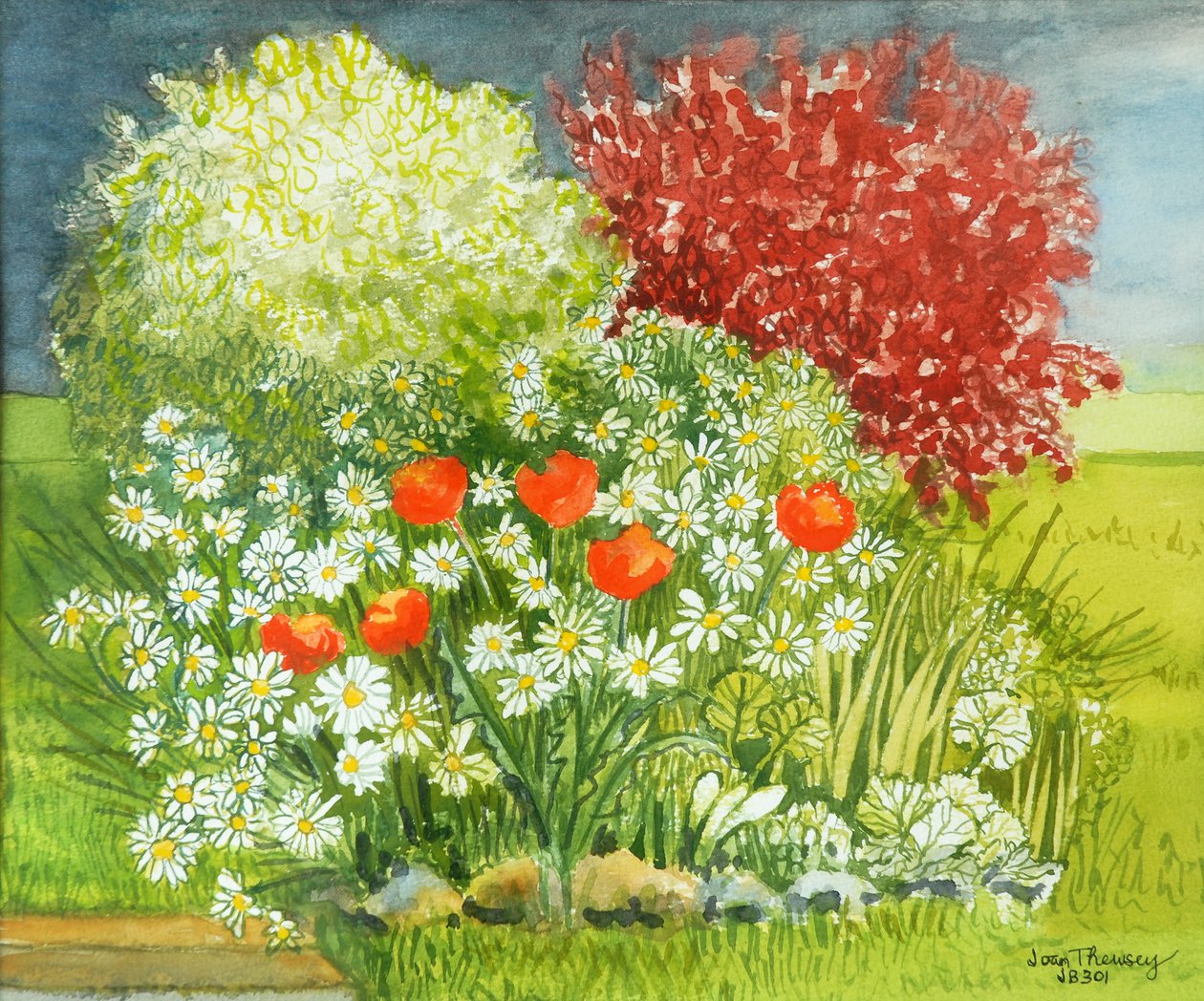Suffolk Garden, Rain Coming, 2011, vesiväri tekijältä Joan Thewsey