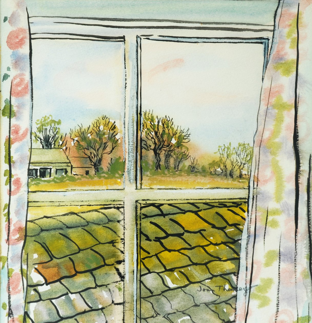 Mökin ikkunan läpi Suffolk, 2010, (akvarelli) tekijältä Joan Thewsey