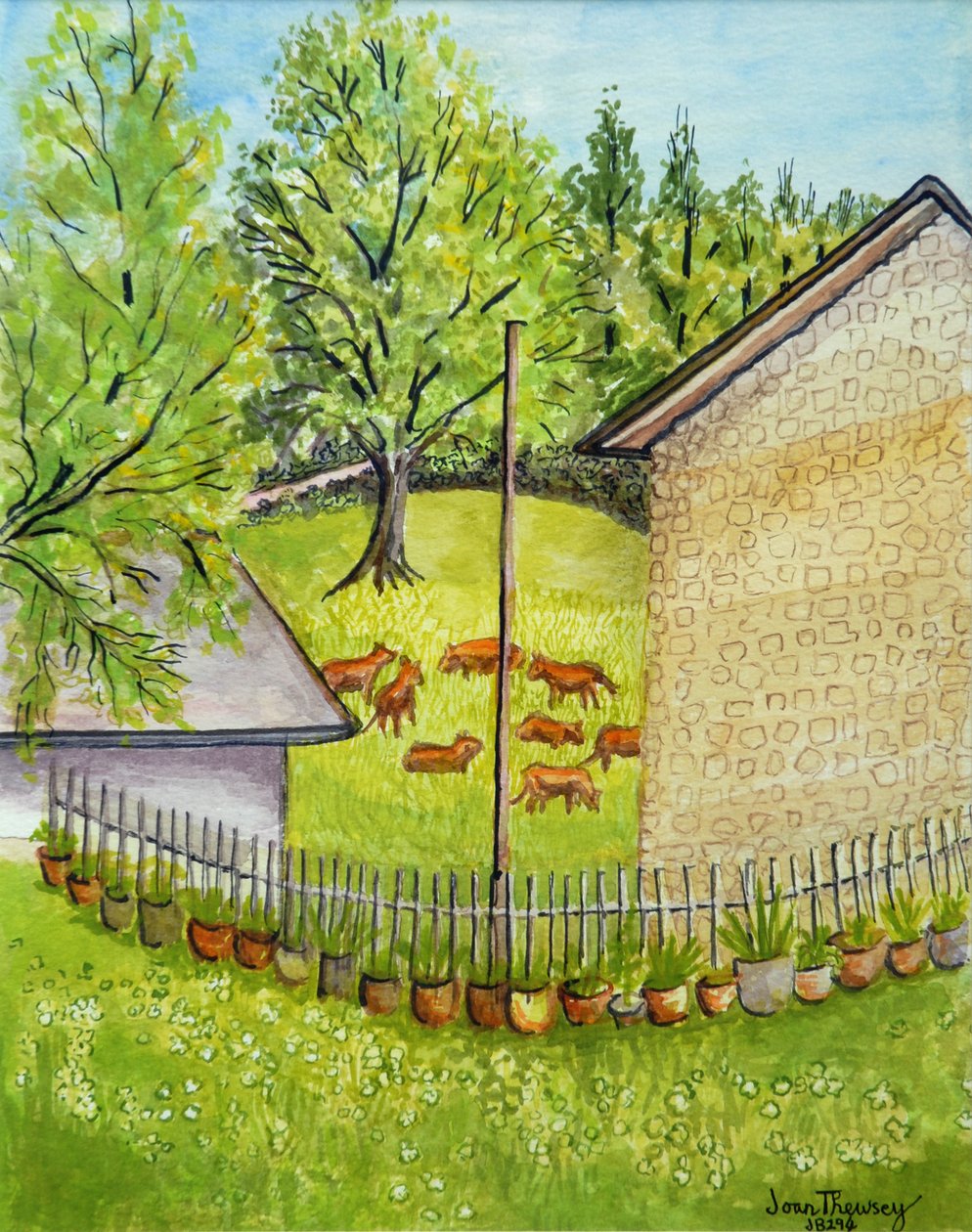 Näkymä Ruthin puutarhasta, Limousin France, akvarelli tekijältä Joan Thewsey
