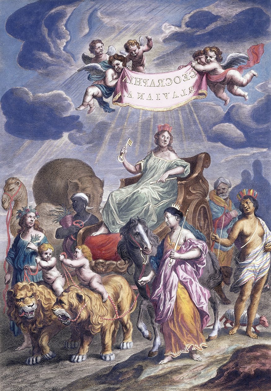 Allegorinen levy, jonka otsikko on Geographia Blaviana, n. 1662-1667 tekijältä Joan Blaeu