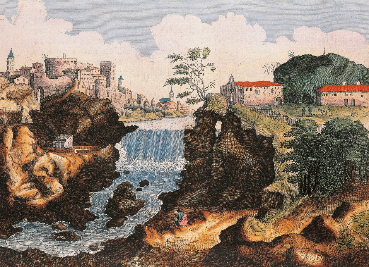 Aniene-vesiputous Tivolissa (Rooma), Italian ihmeiden kaupungista, Joan Blaeu, maalaus tekijältä Joan Blaeu