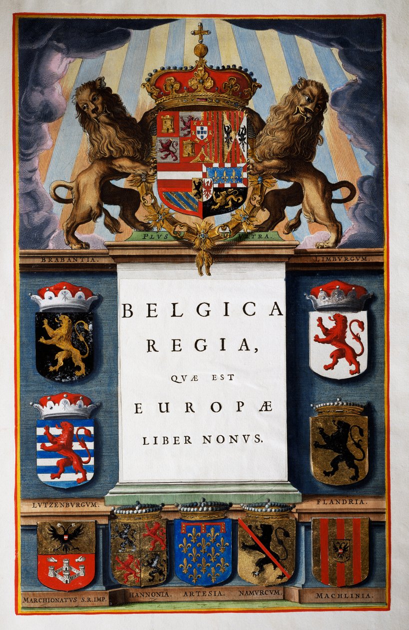Belgica Regua quae est Europae, Kirja IX, osan IV nimilehti, Atlas Maiorista, atlas 11 osassa, Joan Blaeu (1596-1673), kuparikaiverrus, 57,5x39 cm, Amsterdam tekijältä Joan Blaeu