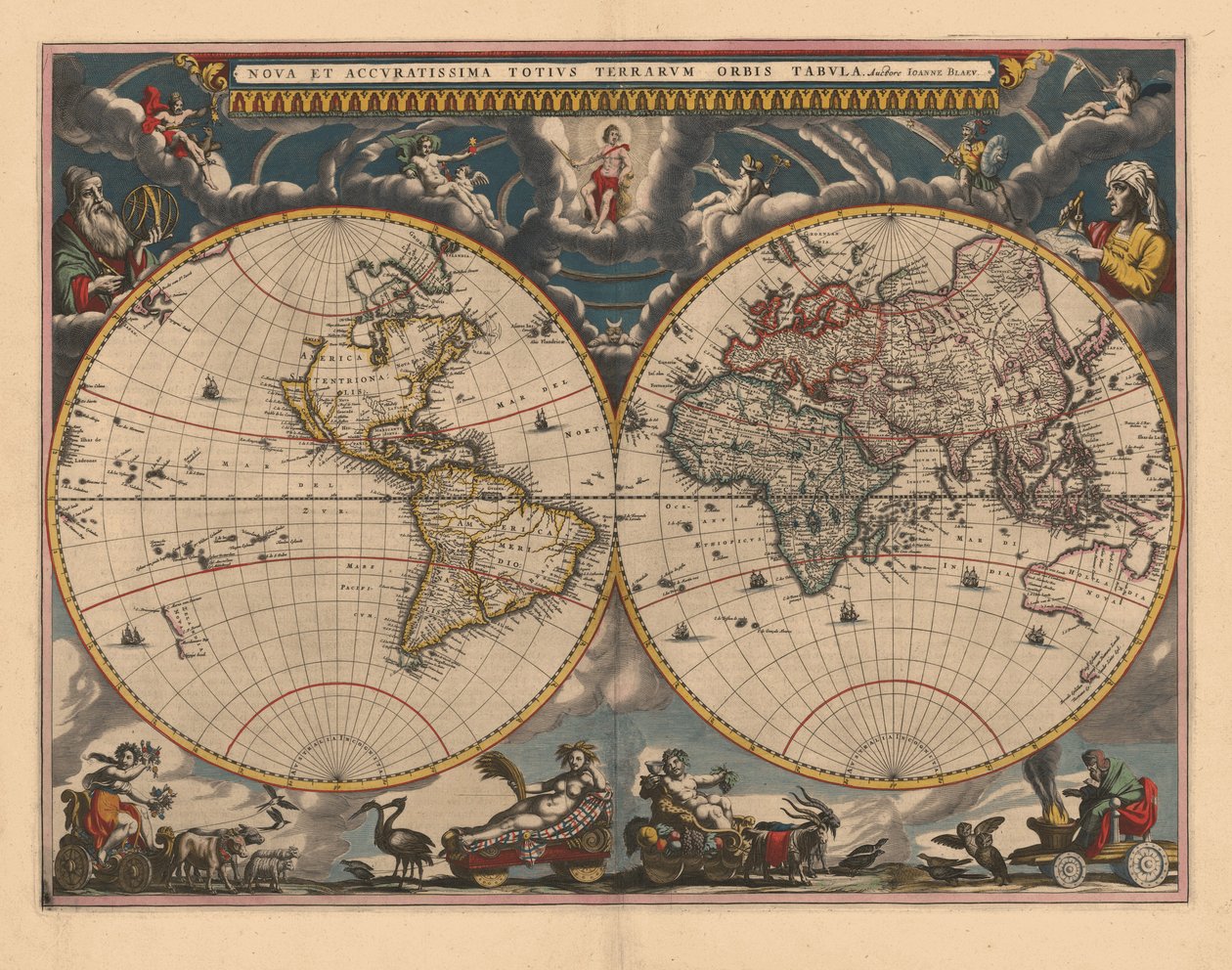 Maailman kaksinkertainen pallonpuoliskon kartta, 1662 tekijältä Joan Blaeu