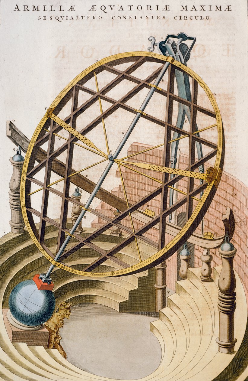 Tycho Brahen suunnittelema suuri päiväntasaajan armillaarinen pallo, kuva Le grand atlas ou Cosmographie blaviane (Atlas Maior), Joan Blaeu, kaiverrus, Alankomaat tekijältä Joan Blaeu