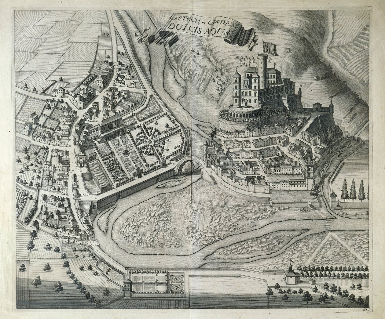 Italia, Dolceacqua, Dolceacquan kylä (Imperia) Theatrum Regiae Celsitudinis Savoysta, kirjoittanut Joan Blaeu, Amsterdam tekijältä Joan Blaeu