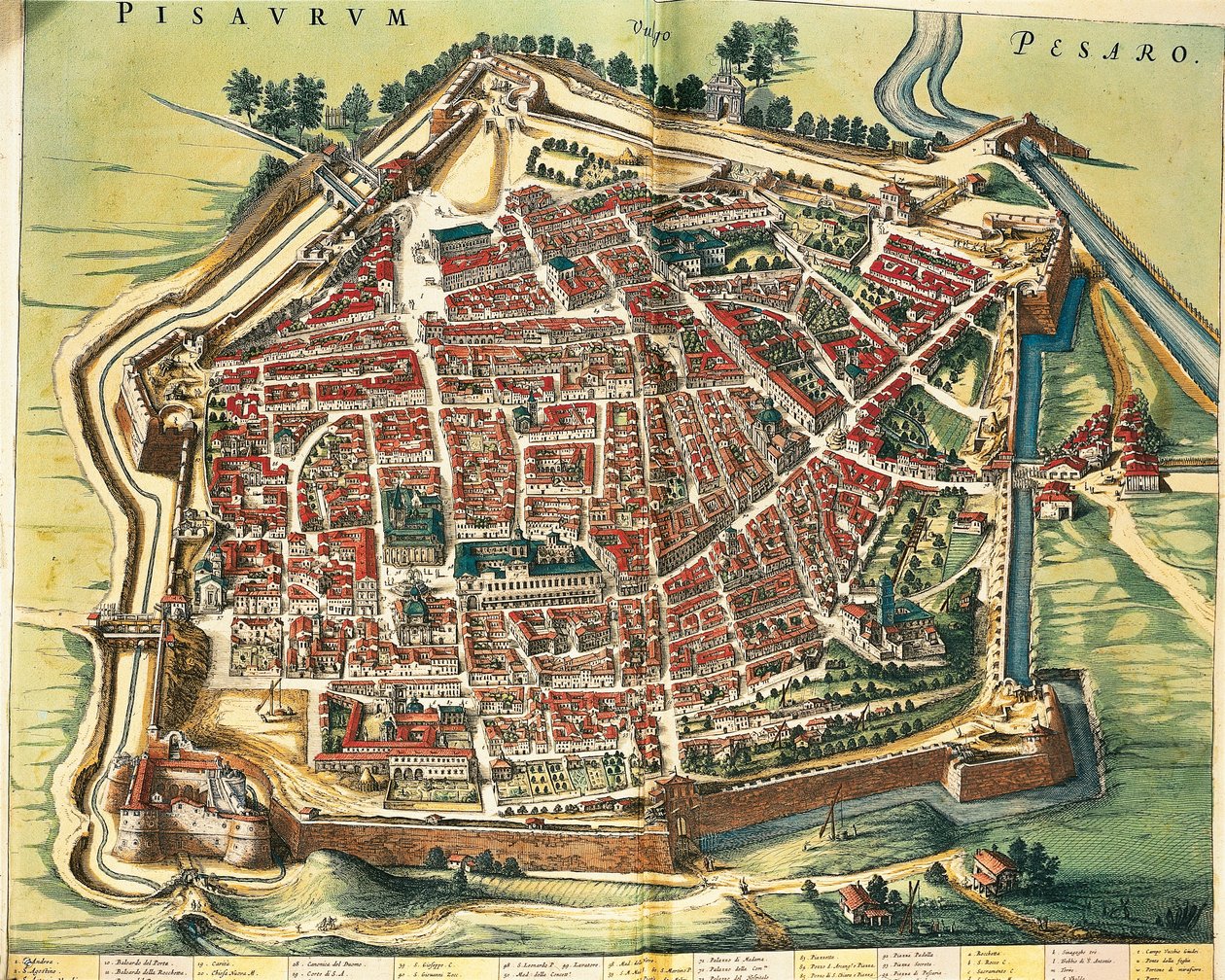 Italia, Pesaron kartta, Joan Blaeun Theatrum civitatum et admirandorum Italiaesta, kaiverrus tekijältä Joan Blaeu