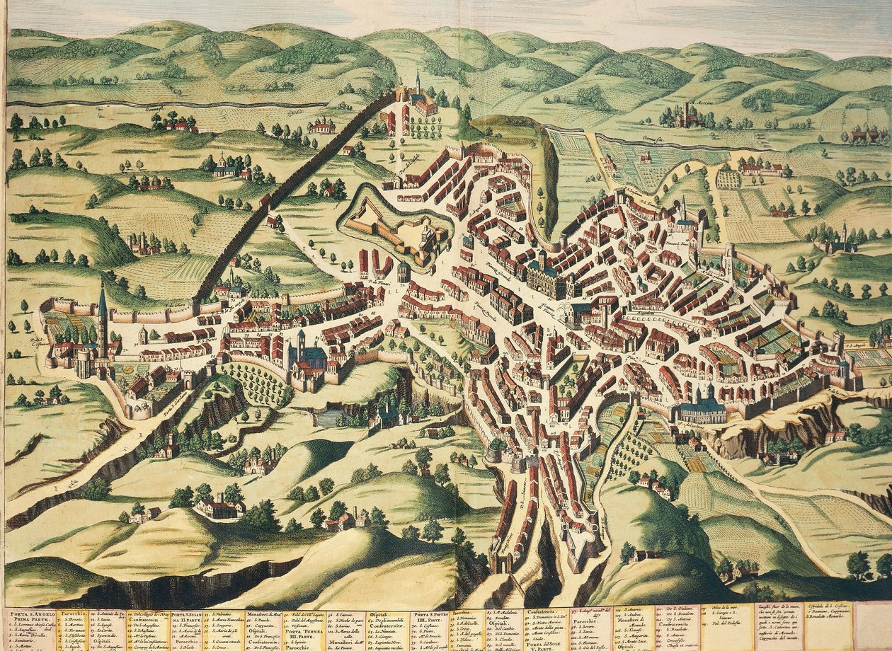 Italia, Perugia, Umbria, kartta, kaiverrus Theatrum Civitatum et Admirandorum Italiaesta, kirjoittanut Joan Blaeu tekijältä Joan Blaeu